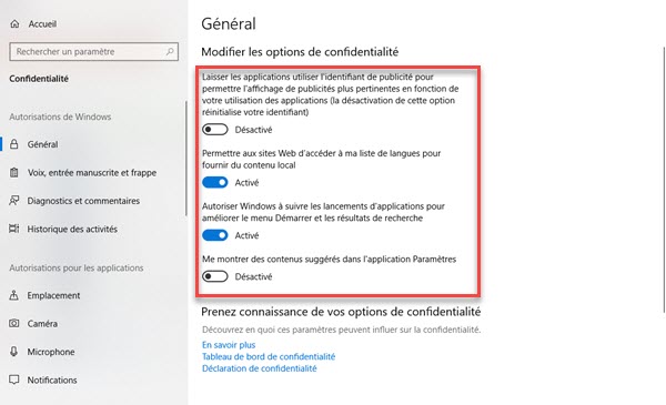 Vie privée Windows 10